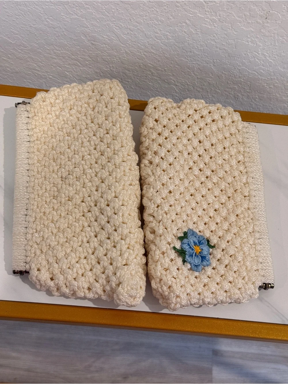 Cream Crochet Knit Clutch with Blue Floral‎ Accent BUNDLE
